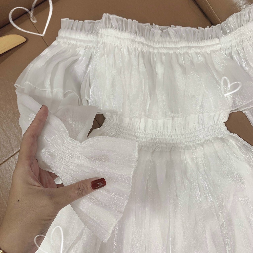 |Có Ảnh Thật| Váy Dáng Xoè Tay Dài Trễ Vai Nhún Eo Voan Bóng Ulzzang Siêu Xinh