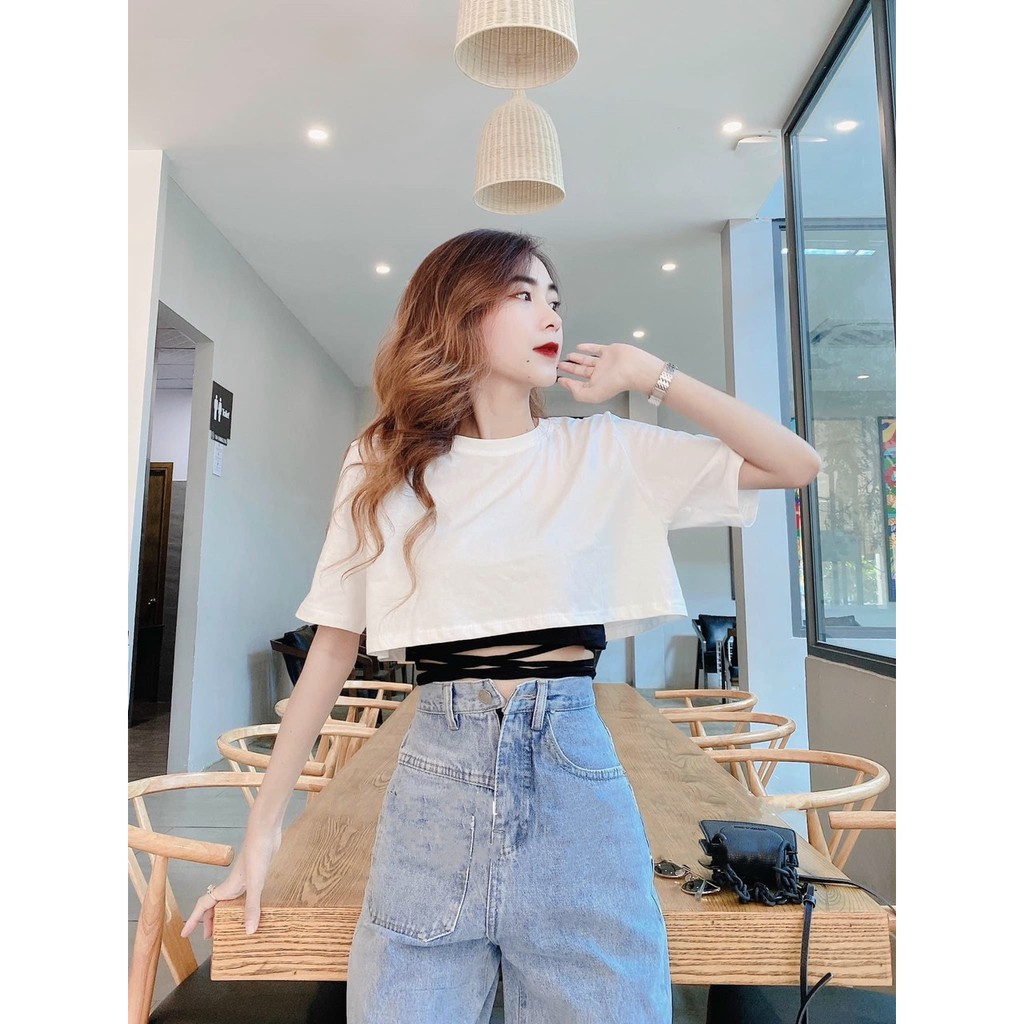 Set croptop chất ngầu đen trắng🤍 ACRN 58, cột dây quanh eo sexy gồm áo thun crop tay ngắn + bra hai dây, nhảy dance