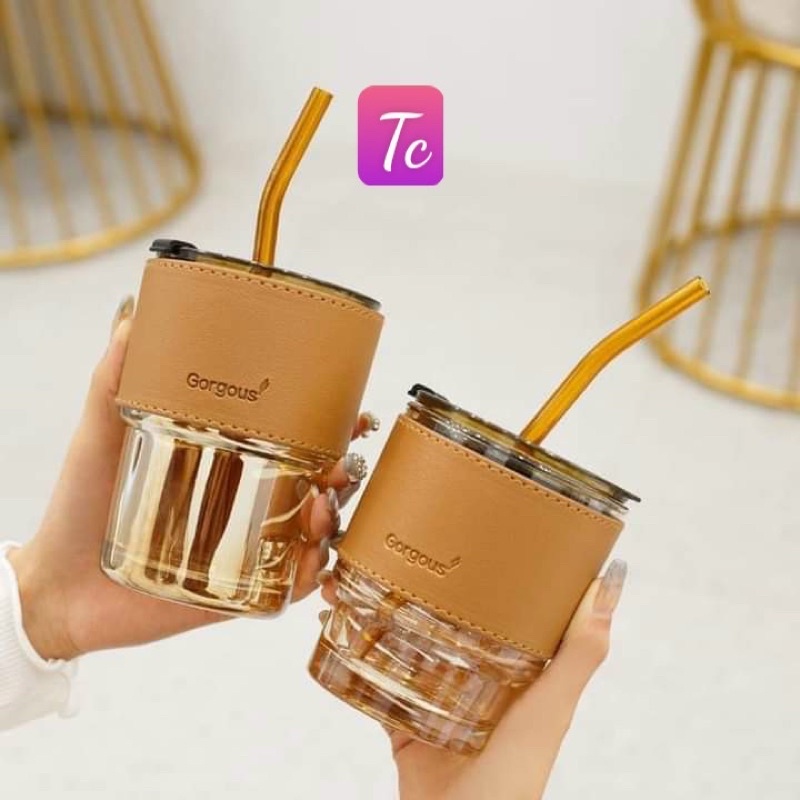 Ly Nước Vỏ Da Có Nắp Và Ống Hút,Uống Nước Sang Chảnh Dung Tích 450ml Cốc Thuỷ Tinh