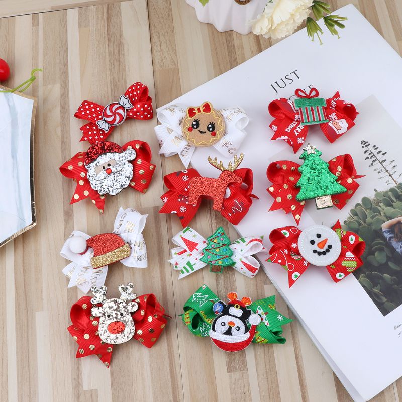 Kẹp Tóc Hình Nơ In Họa Tiết Giáng Sinh Dễ Thương Cho Bé Gái