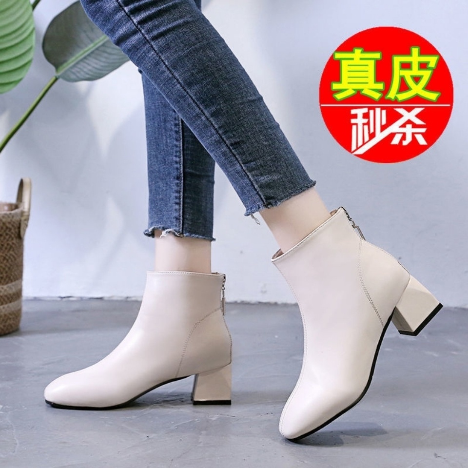 Giày Boot Cao Gót Cổ Ngắn Mũi Vuông Lót Lông Cừu Thời Trang Thu Đông Mới 2022