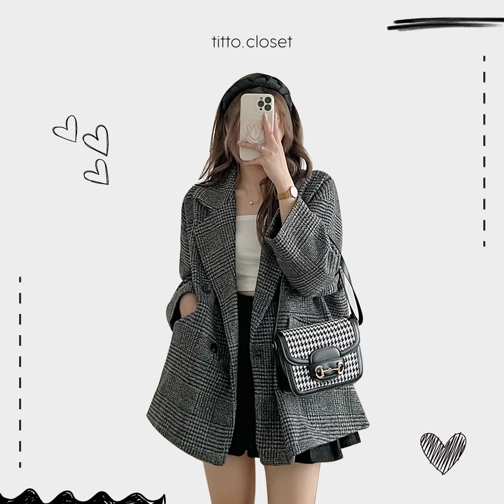 Áo Khoác Dạ Kẻ Nữ, Áo Khoác Dạ Form Rộng 2 Lớp - Titto Closet