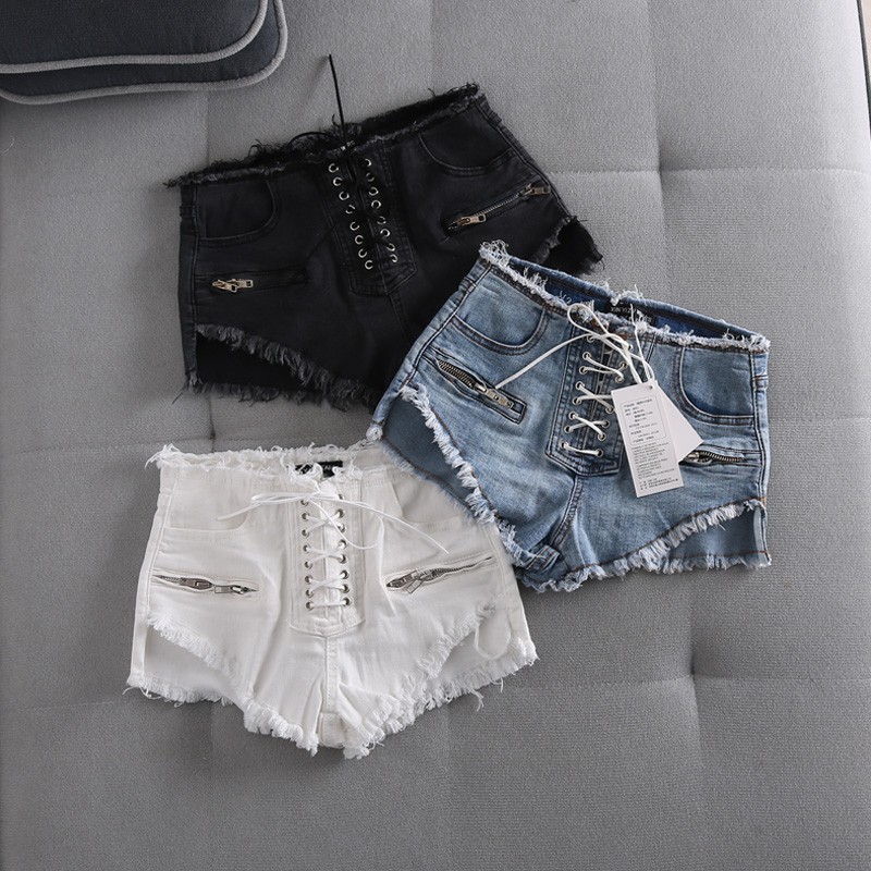 Quần Short Jean Sexy - Lưng Cao - Dây Kéo Pha Khéo Léo với Dây Cột Cực Cá Tính