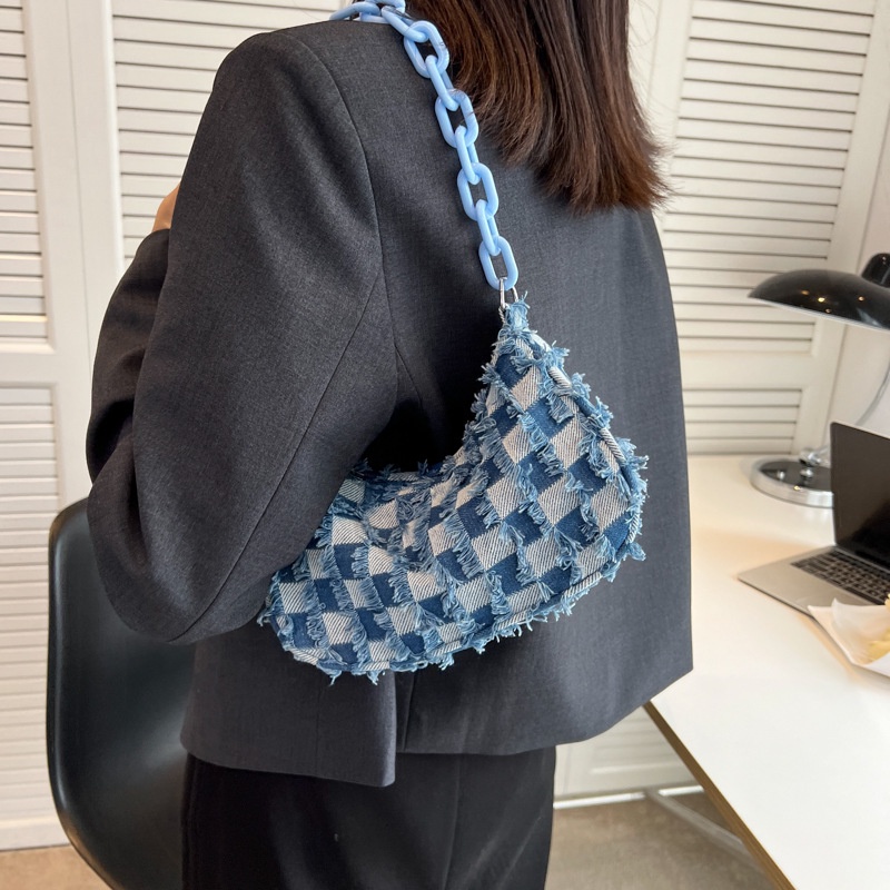 Túi IELGY đeo vai vải denim họa tiết kẻ sọc thời trang cho nữ