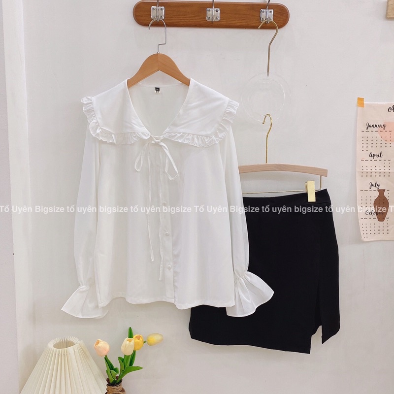 (T.U Bigsize 50-80kg) Áo Sơ Mi Cổ Bèo Dài Tay Buộc Dây Phong Cách Baby Hottrend 2022 #110