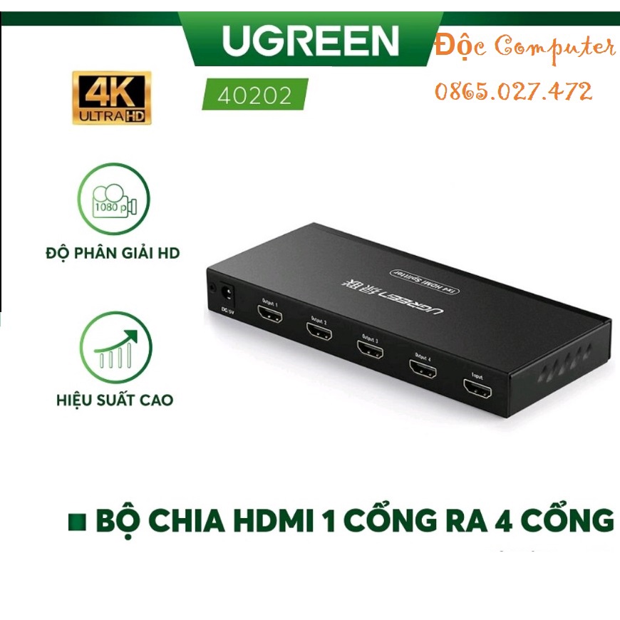 Bộ chia cổng HDMI 1 ra 4 Hỗ trợ full HD, 4K*2K@30Hz Chính hãng Ugreen 40202 Cao cấp