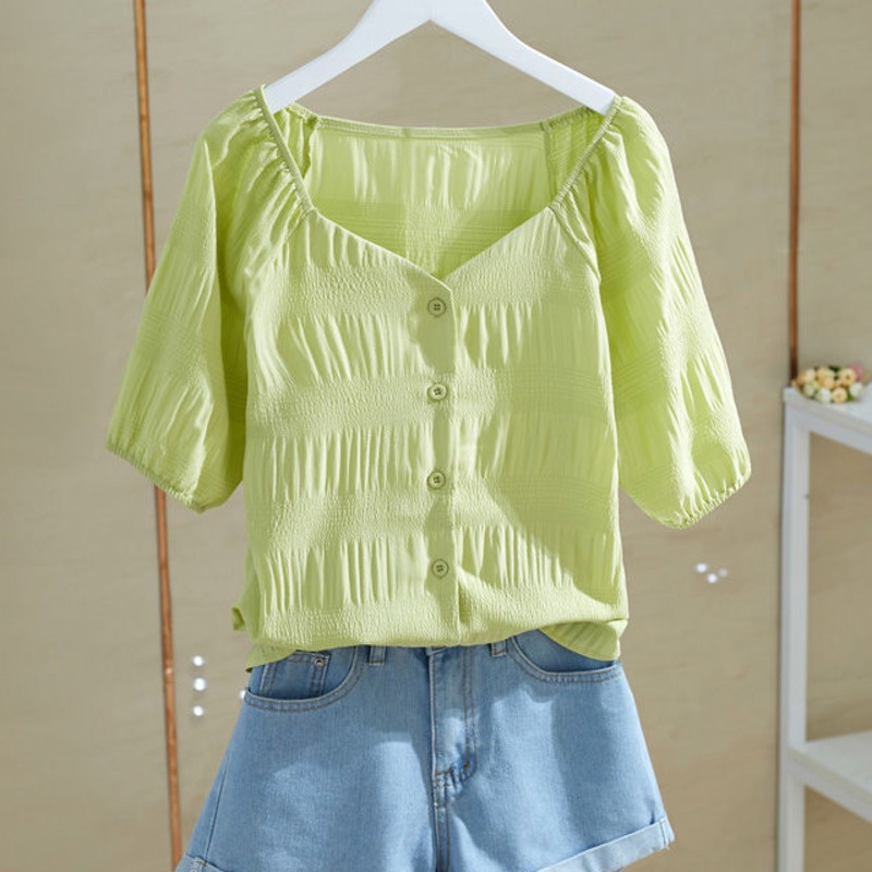 Áo Sơ Mi Trơn Ngắn Tay S-3xl 164524 Áo Sơ Mi Cổ Chữ v Dáng Rộng Xếp Ly Thời Trang