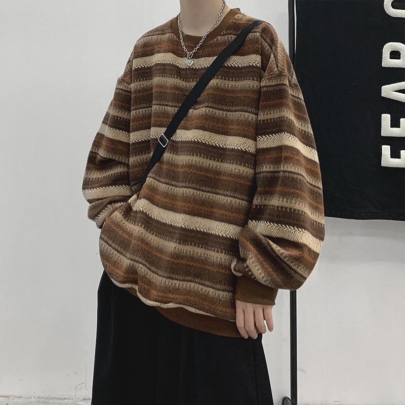 Áo sweater cổ tròn dáng rộng in họa tiết kẻ sọc phong cách Nhật Bản cổ điển cỡ M-2XL cho nam