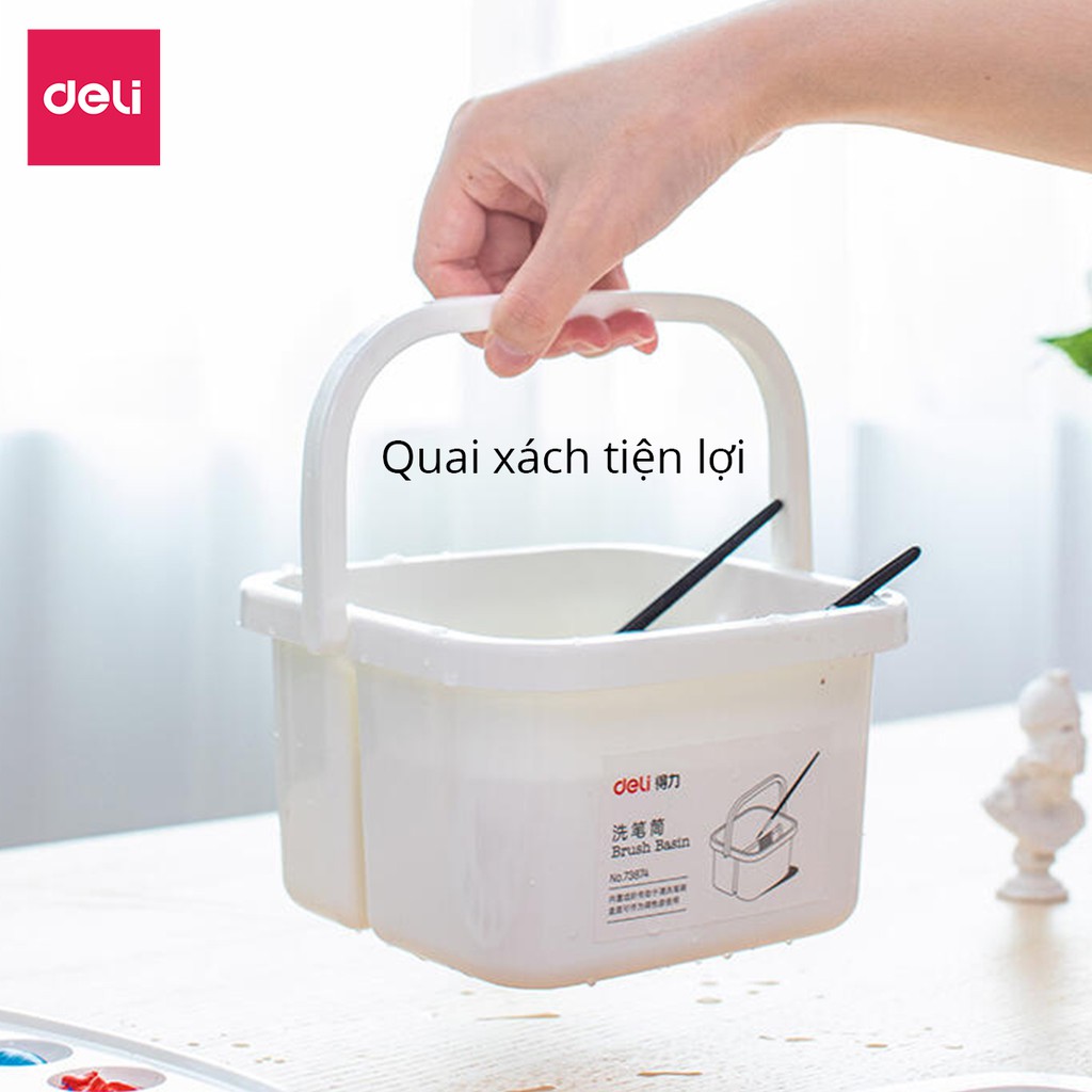 Xô rửa cọ vẽ 2 ngăn bằng nhựa Deli - kèm nắp - 1 chiếc