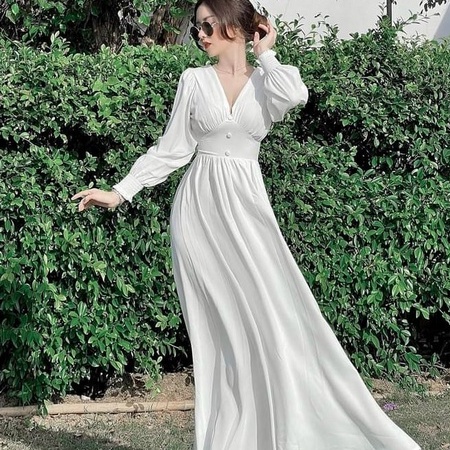 Đầm Maxi Dáng Xòe Dự Tiệc Cổ Tim Hai Màu Trắng Đỏ Tiểu Thư Đi Biển Dạo Phố Sang Chảnh Thời Trang Váy Nữ Minh Phúc