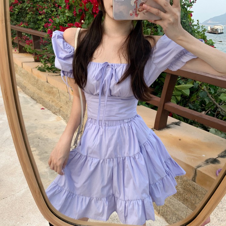Set áo croptop ôm ngực tay ngắn cổ vuông hạ vai + váy xòe ngắn lưng cao ulzzang ( 3 màu )