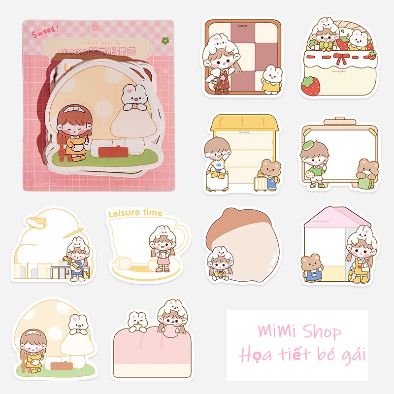 Set Giấy Ghi Chú Không Dính Hình Siêu Dễ Thương Họa Tiết Bé Gái Và Thỏ Gấu