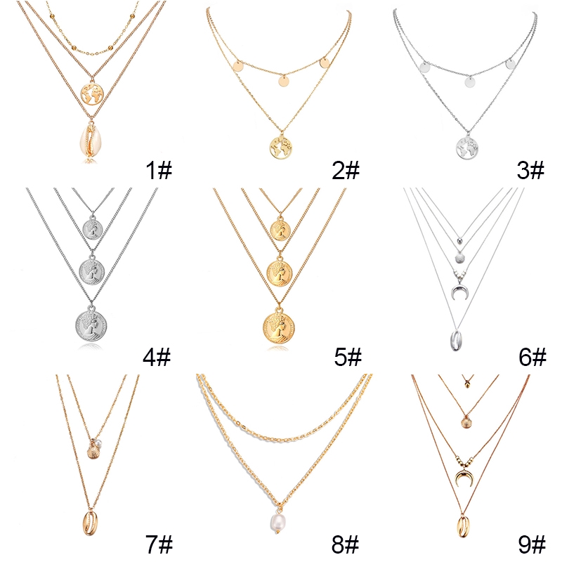 Vòng Cổ Hợp Kim Nhiều Lớp Mặt Hình Vỏ Ốc Khắc Chữ Phong Cách Bohemian