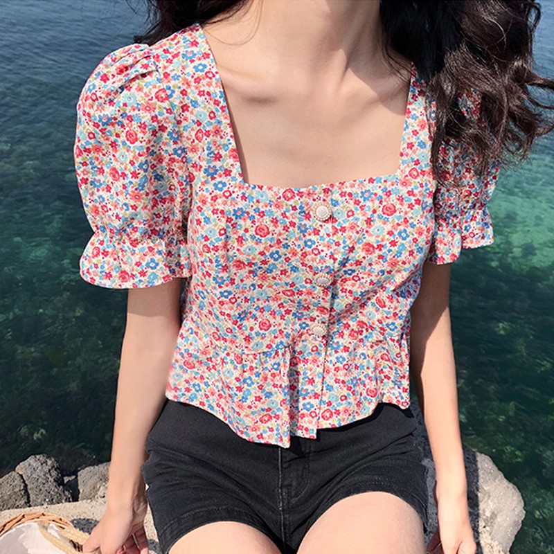 Xiaozhainv Áo nữ tay ngắn in hoa phong cách Hàn Quốc | BigBuy360 - bigbuy360.vn