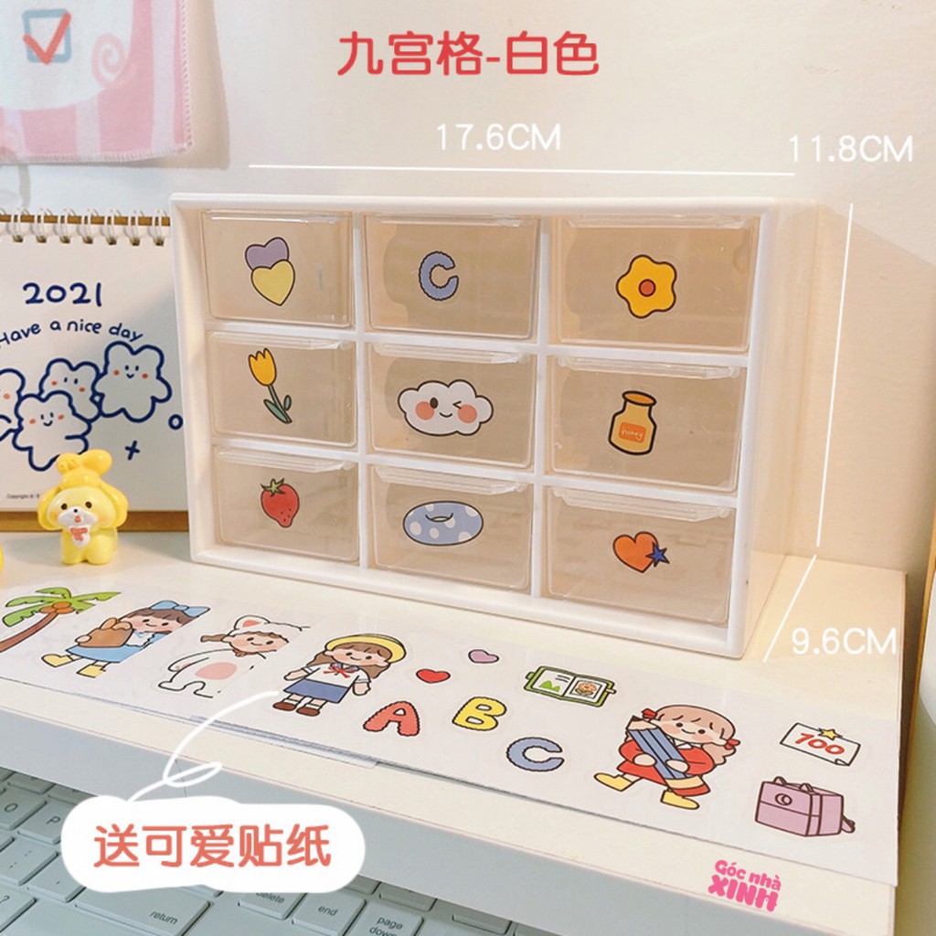 Tủ Nhựa Mini, Hộp Đựng 9 Ngăn Để Bàn Nhỏ Gọn, Xinh Xắn Tặng Kèm Sticker