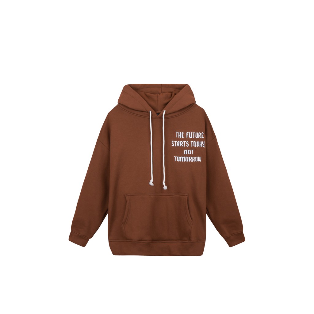 Áo Hoodie Unisex Thêu Trái Đất-Phía Trước Thêu Chữ-Đường Thêu Tỉ Mỉ-Vải Nỉ Bông Dày Dặn-Form Rộng-Màu Nâu Đậm