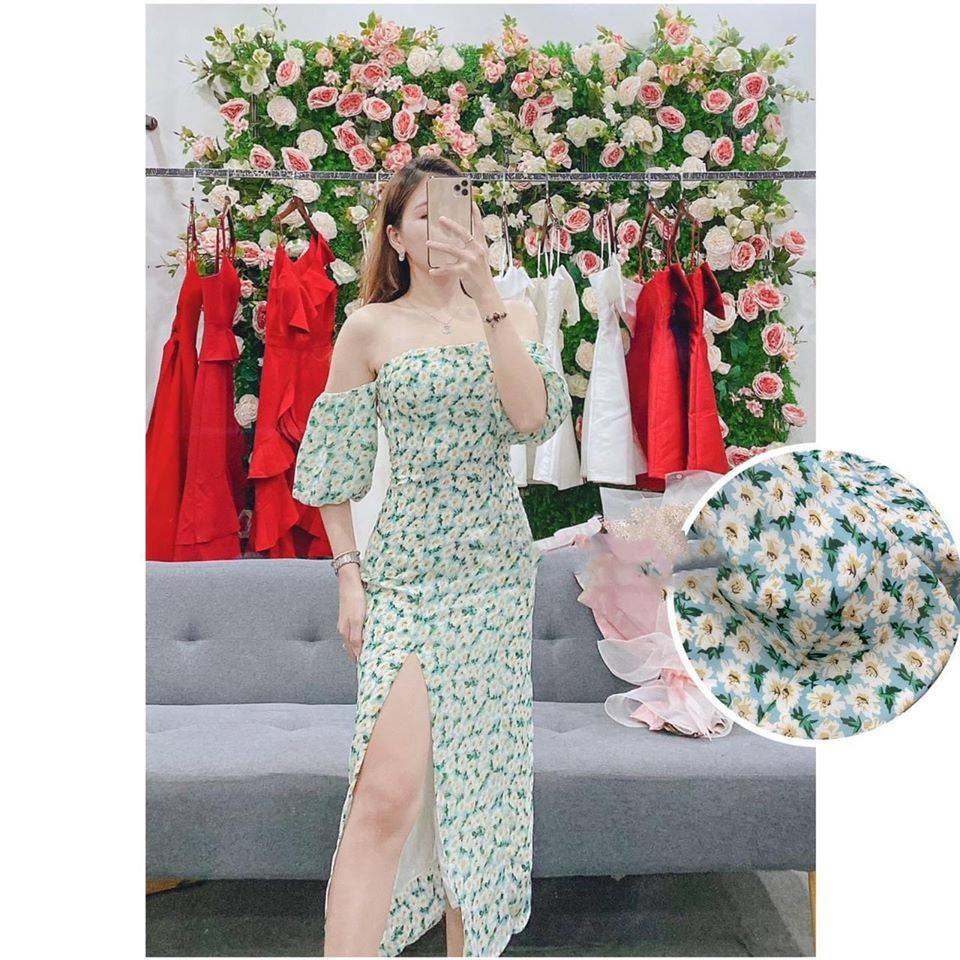 Đầm maxi hoa xanh cúp ngực rớt vai xẻ tà