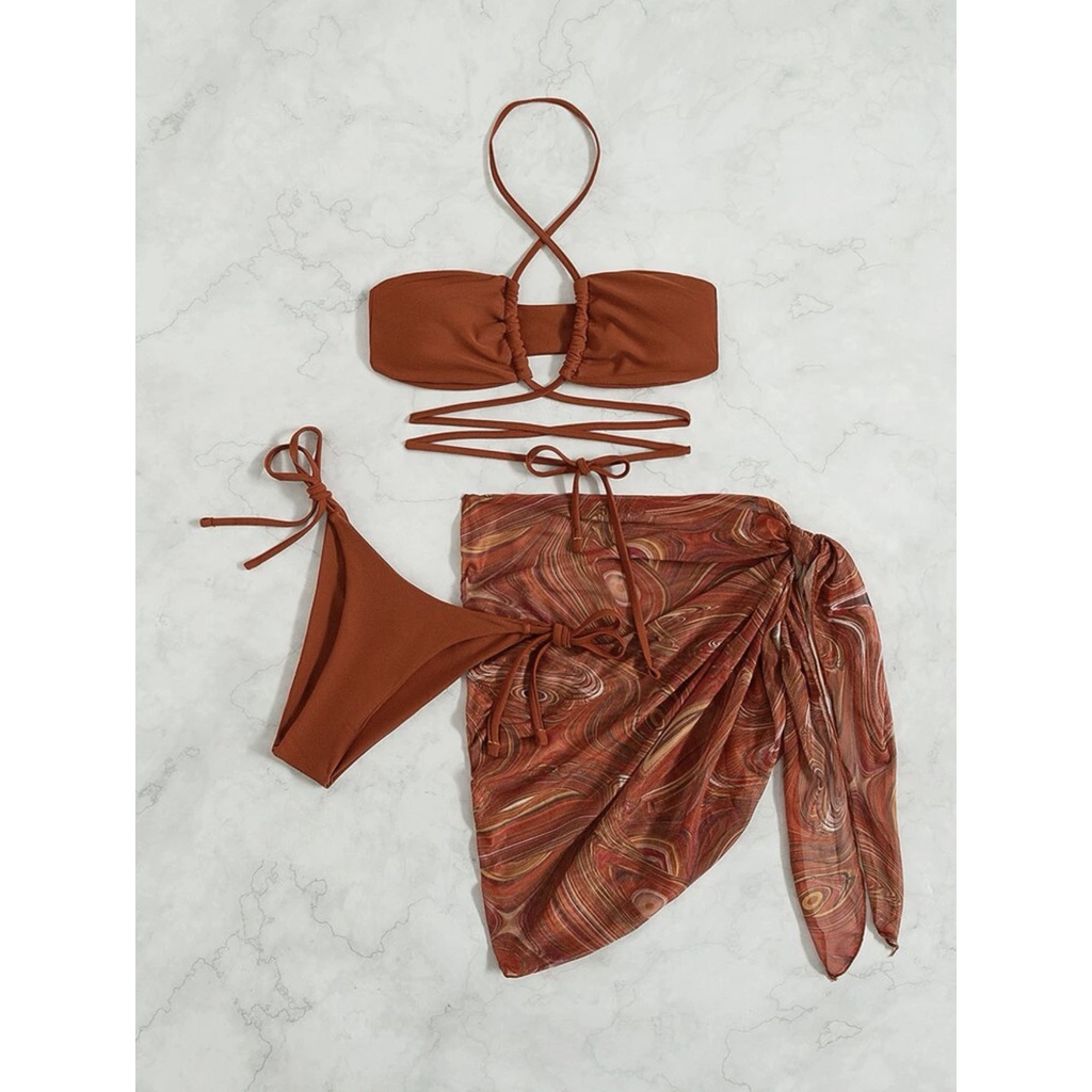 Bộ Đồ Tắm Bikini 3 Món Phối Lưới Co Giãn Hở Lưng Quyến Rũ Cho Nữ H425