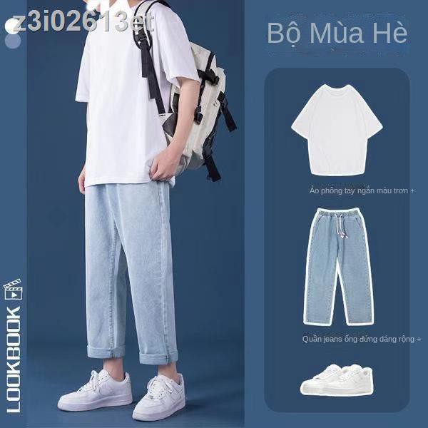 Bộ đồ giản dị mới nam quần jean áo thun tay ngắn hàn quốc dáng suông hợp thời trang hàng hiệu đẹp trai