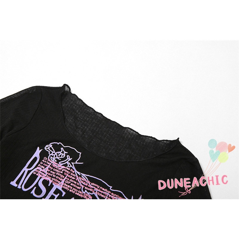 DUNEA Áo Thun Tay Dài Cổ Tròn In Chữ Thời Trang Cho Nữ