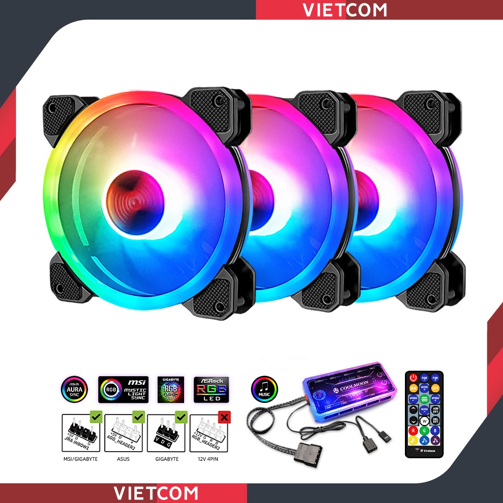 [ BỘ 3 FAN + HUB ] Fan Led RGB Coolmoon V4 + Bộ Hub Coolmoon và điều khiển