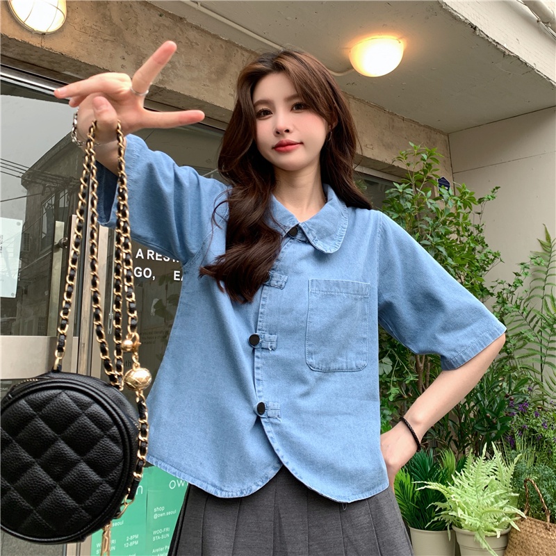 Áo Sơ Mi denim Tay Ngắn Dáng Rộng Phong Cách Hàn Quốc Cổ Điển Thời Trang Cho Nữ