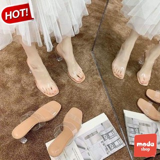 Guốc cao gót 2 quai trong suốt mũi vuông 9 phân cực rẻ