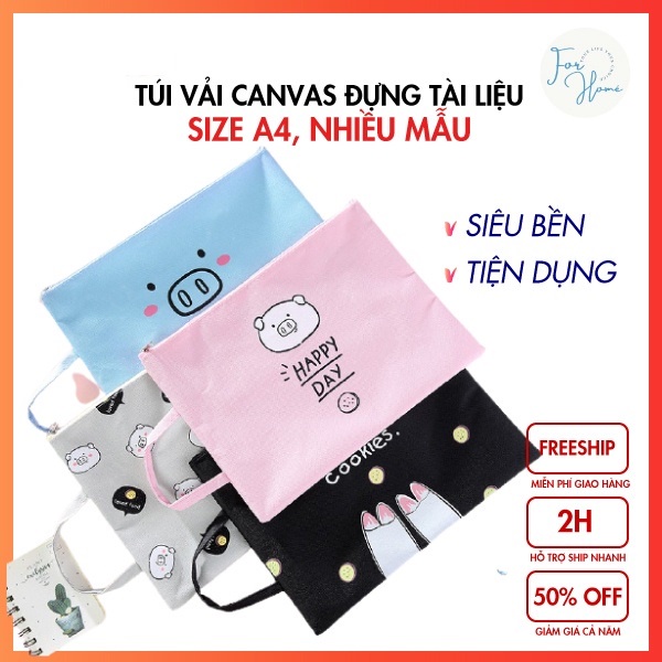 ⚡CÓ KHÓA KÉO⚡ Túi Vải Canvas Đựng Tài Liệu Size A4 Họa Tiết Hoạt Hình Xinh Xắn Tiện Dụng Túi Tote