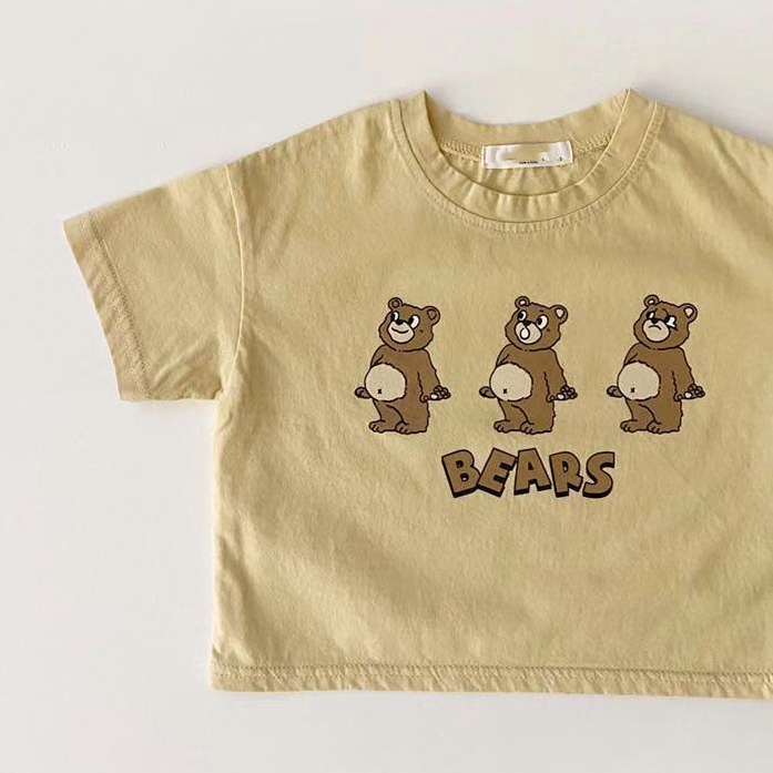 Áo Thun Cotton Tay Ngắn In Hình Gấu Dễ Thương Thời Trang Mùa Hè Cho Bé Trai + Gái