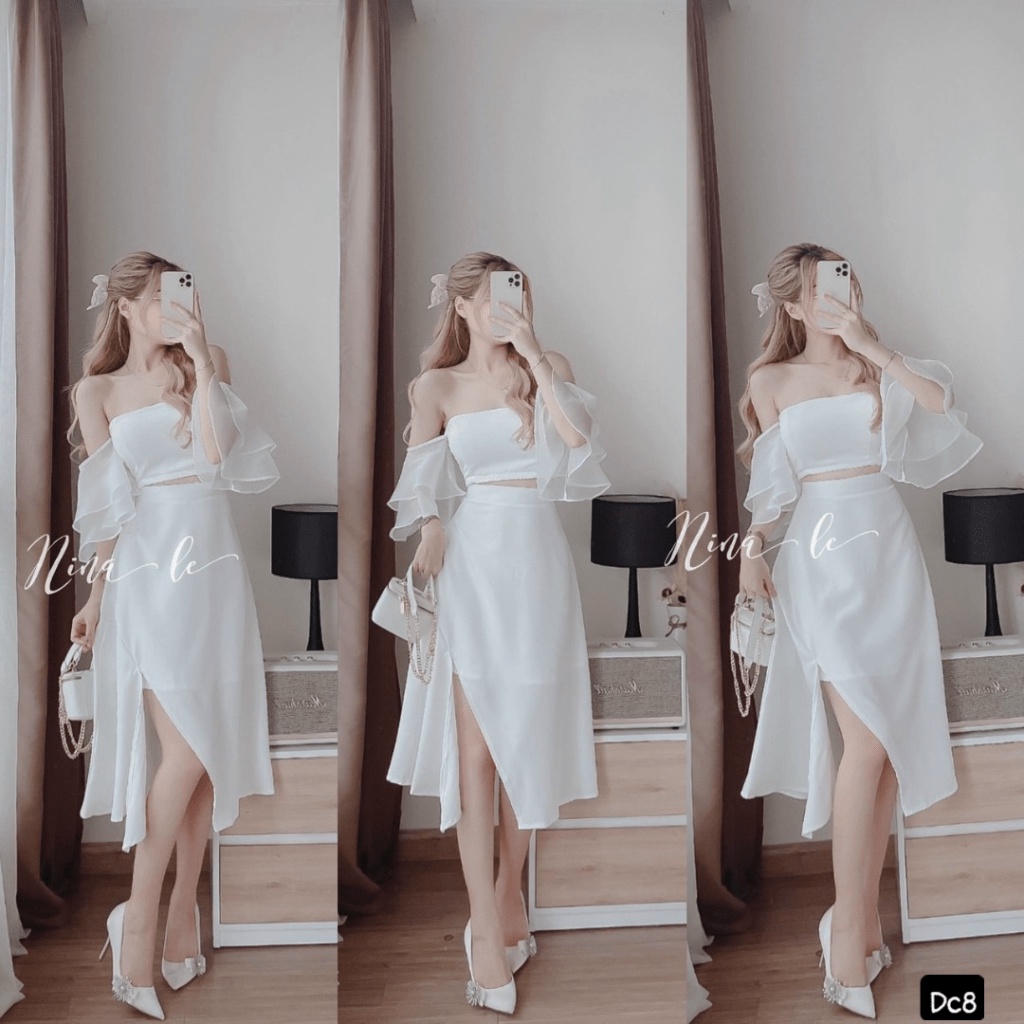 Mẫu Đầm Hot Trend -- Sét Váy UMI PHối Voan Kiếng Áo CROPTOP Trễ vai Váy Chẻ Siêu Sang Trọng Siêu XInh UP