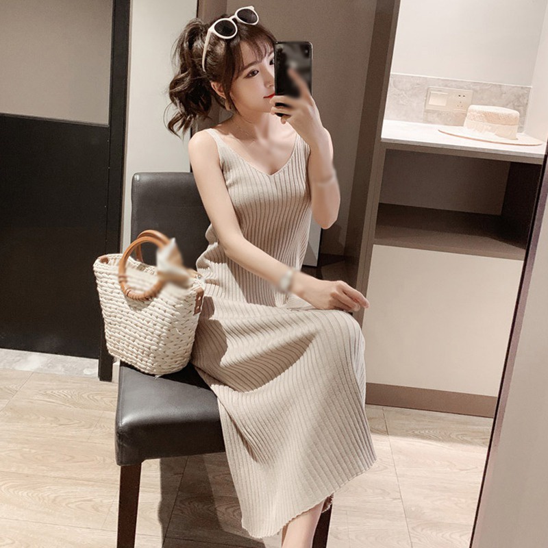 Đầm Maxi Dệt Kim Không Tay Cổ Chữ V Màu Sắc Trơn Thời Trang Dành Cho Nữ