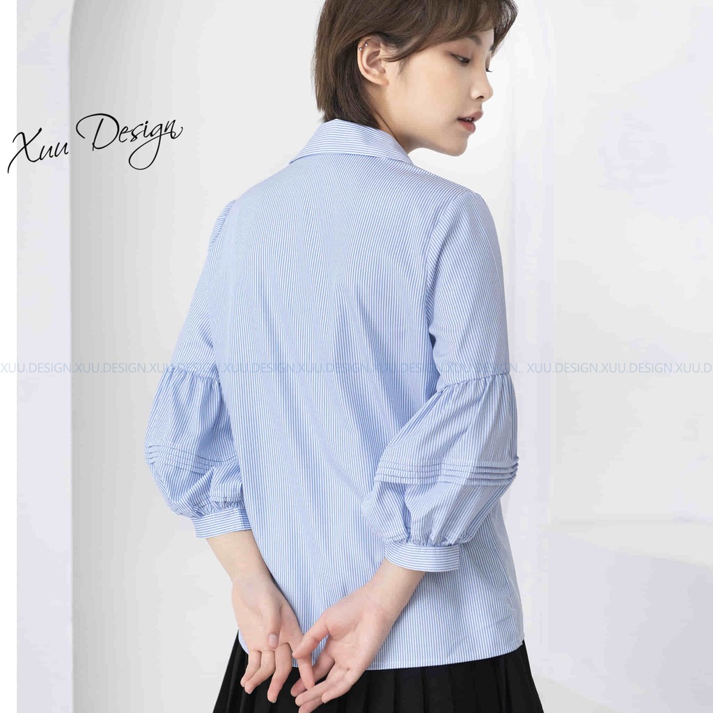 Áo sơ mi nữ công sở Xuu, vải kate kẻ tay bồng thiết kế trẻ trung - SP22 kẻ xám