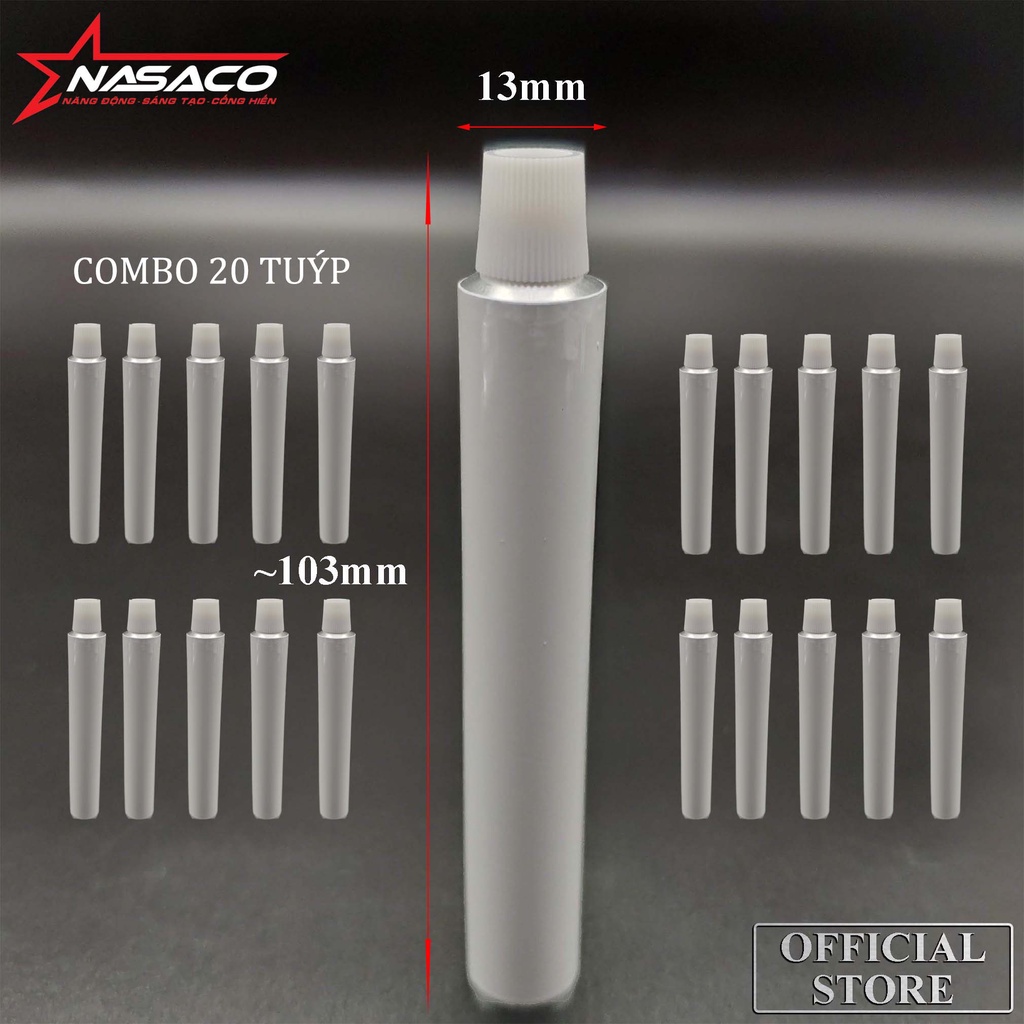 Combo 20 Tuýp Nhôm Năm Sao Chiết Mỹ Phẩm Đường Kính 13mm Phủ Sơn Trắng + Nắp Vặn (Có Seal Bịt Đầu)