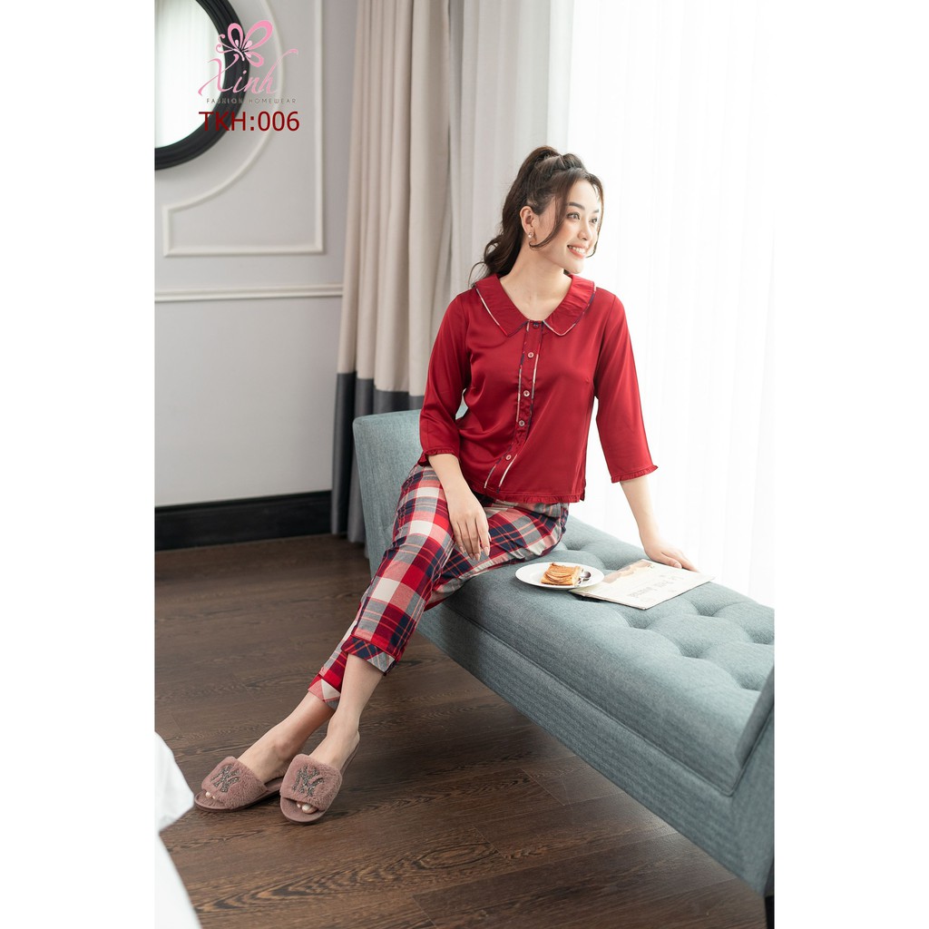 Bộ mặc nhà thô kết hợp áo lụa quần thô dài Xinh - X415