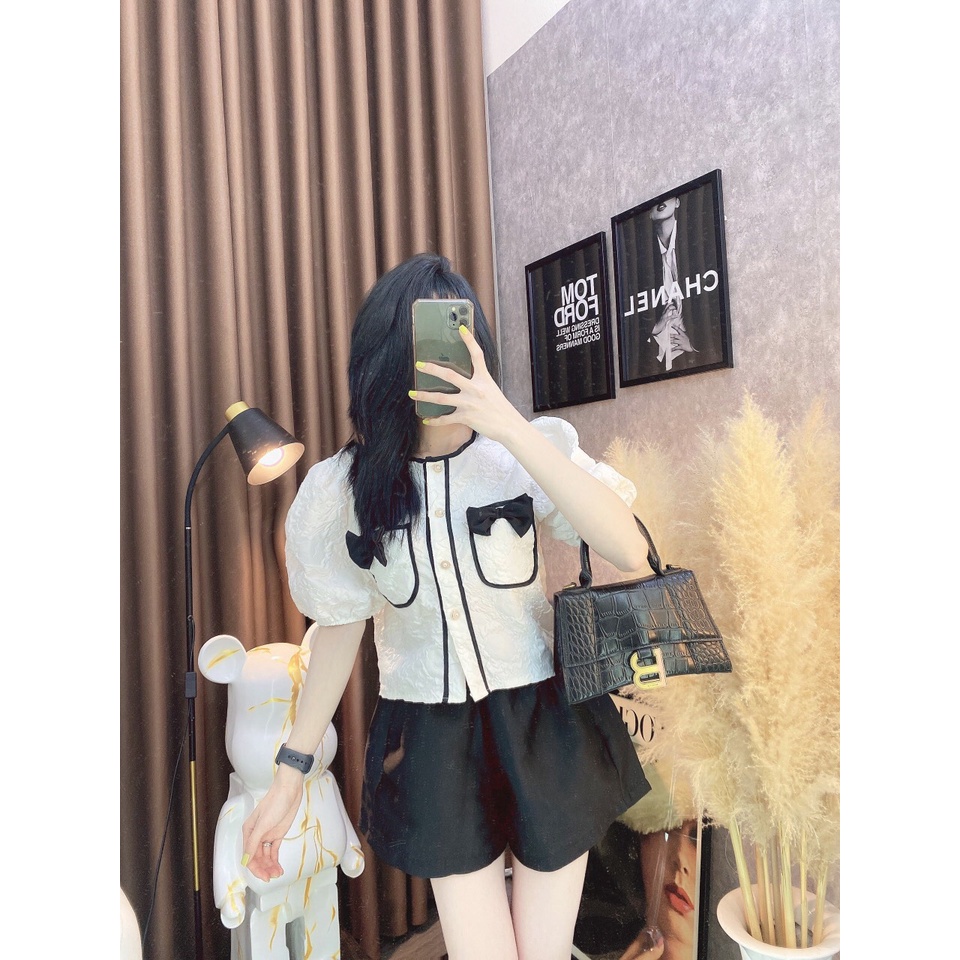 Áo Sơ Mi Túi Nơ Ngực Hàn Quốc, Vải Gấm Siêu Xinh, Freesize Dưới 62Kg, Có Quà Tặng Kèm
