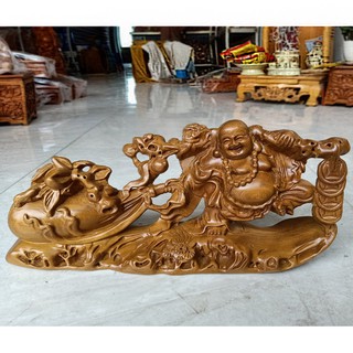 Tượng Phật Di Lặc Kéo Bao Tiền Gỗ Bách lớn 40cm thu hút tài lộc