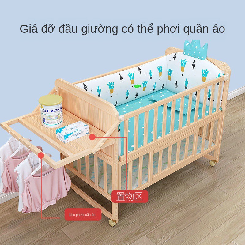 NôiNôi ghép gỗ nguyên khối giường lớn cho trẻ sơ sinh, không sơn, bb, nôi, em đa năng <