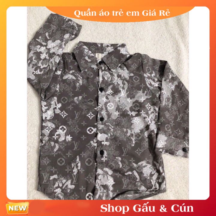 Áo sơmi lụa cho bé trai họa tiết lv màu đen và nâu 9-14kg