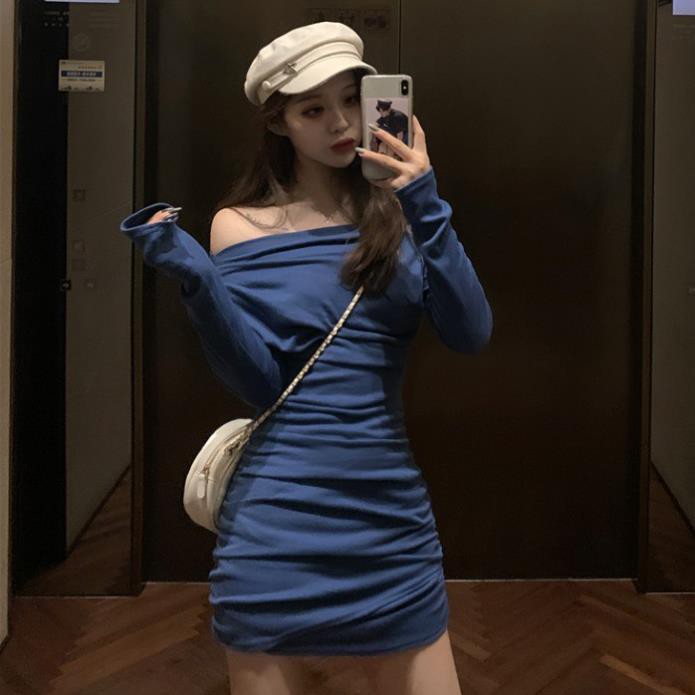 (ORDER) Váy thun nhăn dài tay trễ vai ôm body gợi cảm cá tính style Hàn Quốc