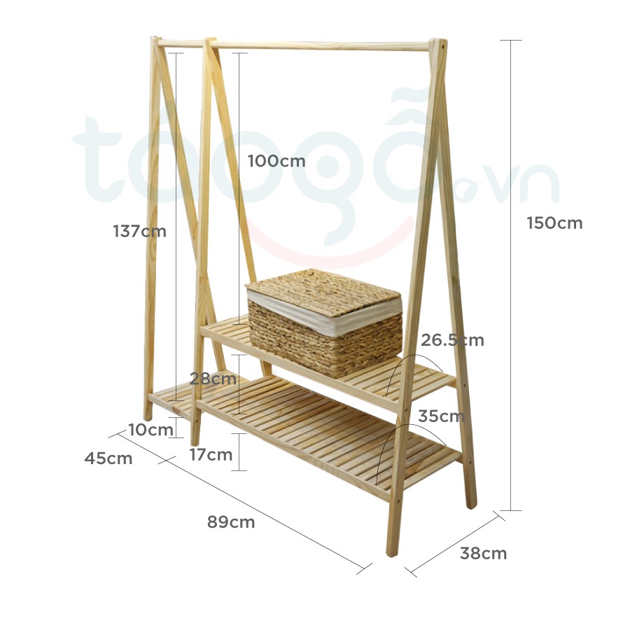 Giá treo quần áo đôi Táo gỗ Decor phong cách Hàn Quốc gỗ thông tự nhiên