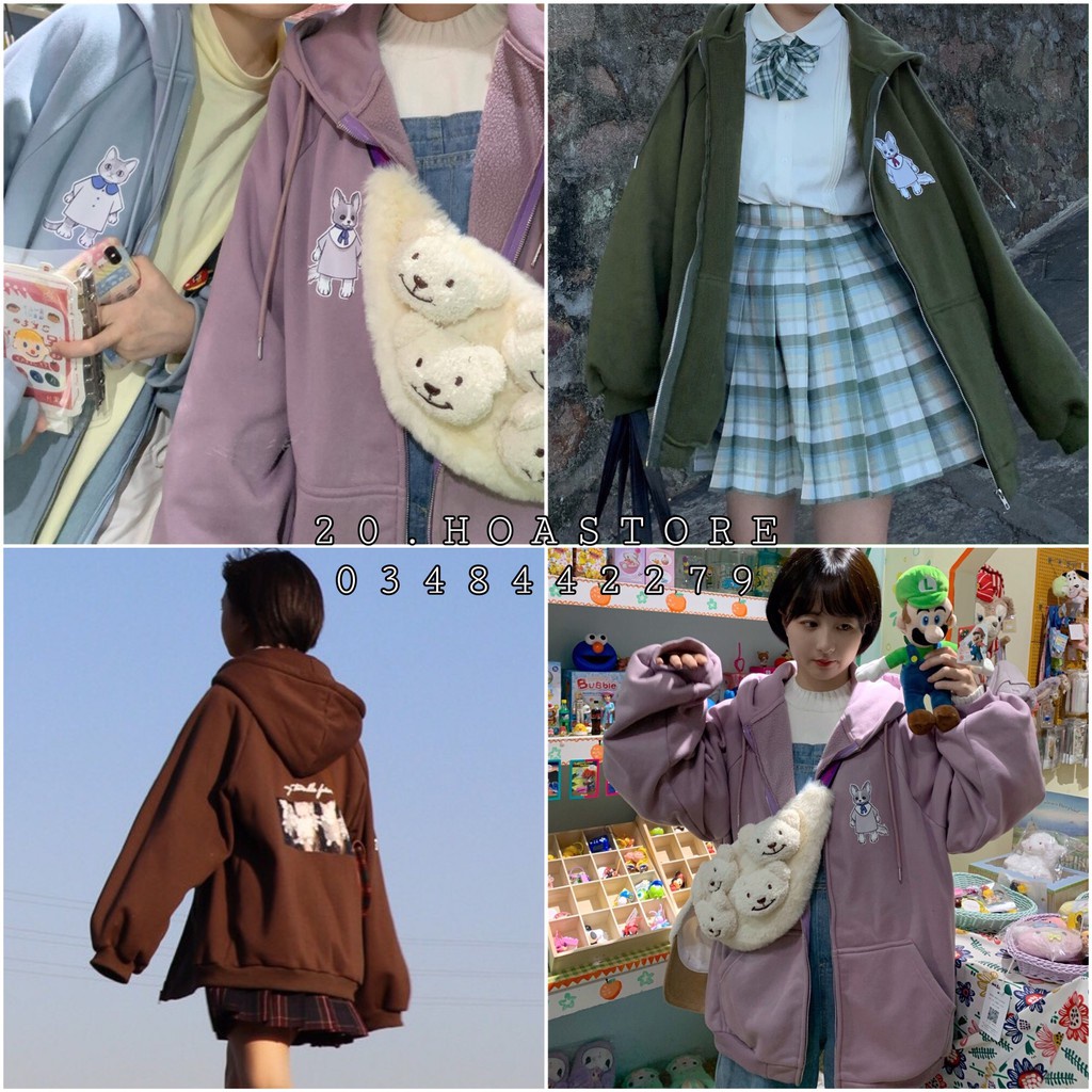 ÁO KHOÁC NỈ PUPPY ĐEO NƠ - ÁO HOODIE ZIP THỎ GẤU BUỘC KHĂN HỒNG RÊU XANH ULZZANG