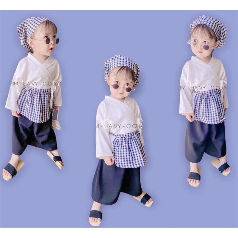 [ 4 chi tiết ] Set kimono thiết kế kèm tạp dề style Hàn Quốc cho bé gái