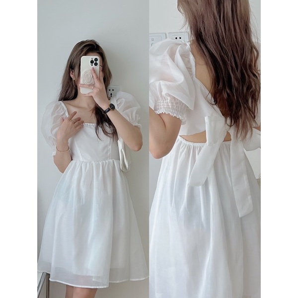 [NEW]VÁY TƠ VIỀN CỔ REN HẠT NƠ LƯNG 2207