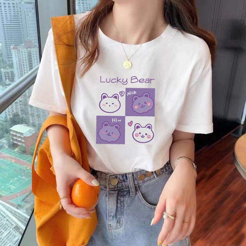 Áo thun RENJIANVSHENG 164118 tay ngắn cổ tròn dáng rộng in hình giản dị thời trang