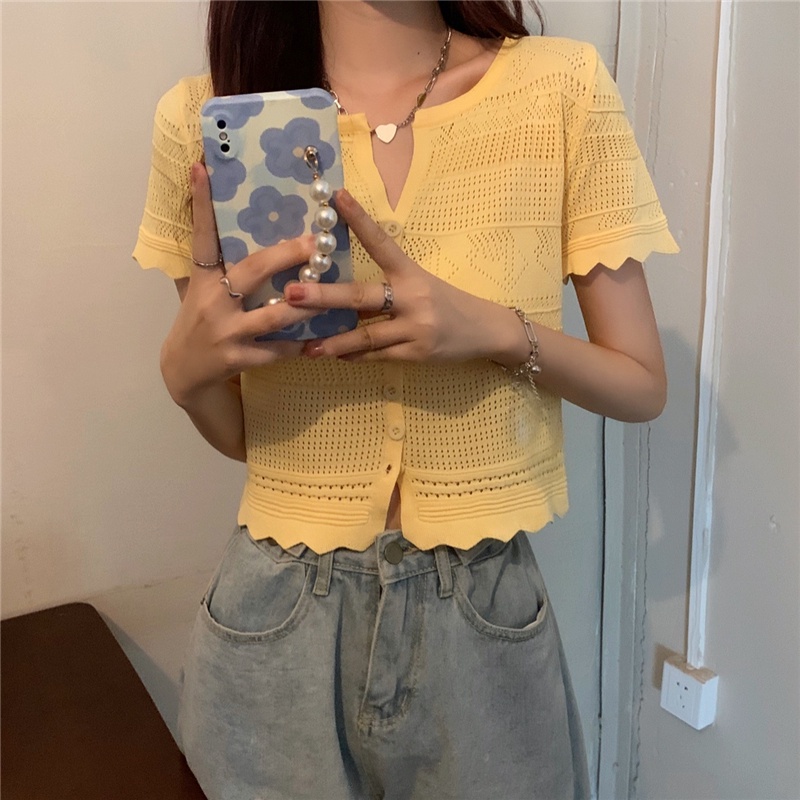 Áo Croptop Dệt Kim Tay Ngắn Phối Ren Thời Trang Cho Nữ