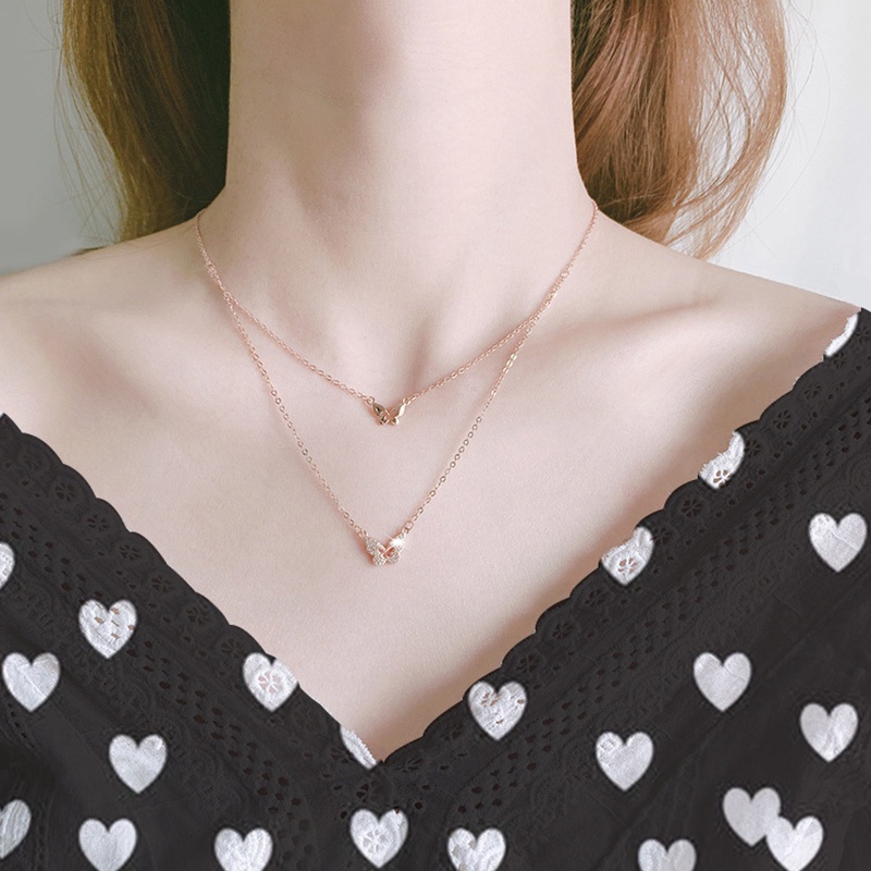 Dây Chuyền Hai Lớp Mặt Hình Bươm Bướm Dát Đá Zircon Thanh Lịch Sang Trọng Hợp Thời Trang Cho Nữ