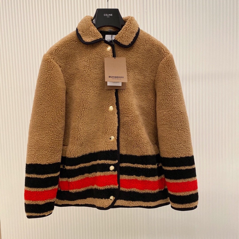 Áo khoác lông cừu nữ BURBERRY BBR phối kẻ ngang nổi bật cao cấp