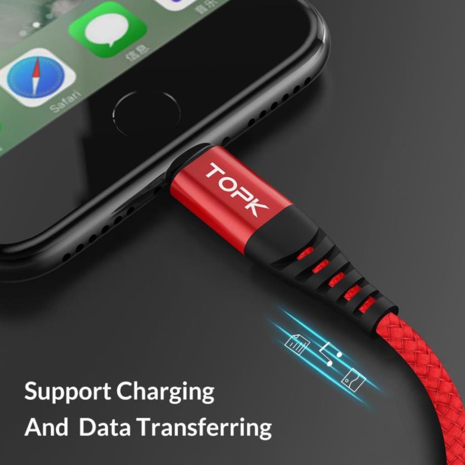 Dây Cáp Sạc Nhanh 5V/3A TOPK Cho iPhone/Ipad/Xiaomi/Samsung/Android/TypeC Bện Nylon Bện Cổng Micro USB Type C Lightning