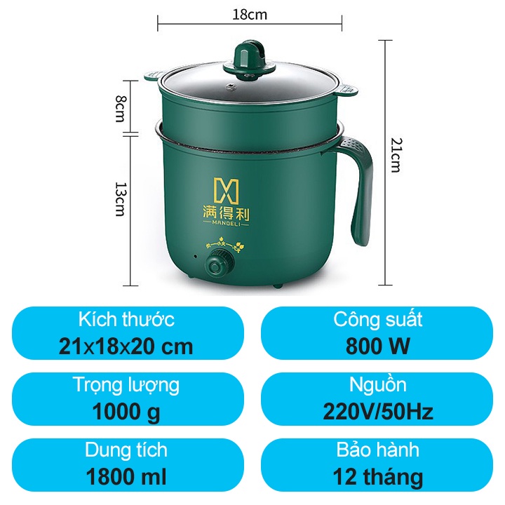 (1611) Nồi Lẩu Mini, Ca Nấu Mì, Nồi Nấu Cơm Đa Năng 2 Tầng, 2 Nắc Nhiệt Thế Hệ Mới Có Tay Cầm, Tặng Kèm Giá Hấp