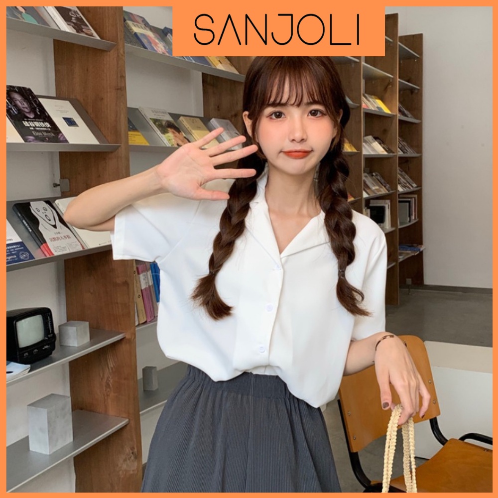 Áo sơ mi nữ Hàn Quốc form rộng SANJOLI Áo Sơ Mi công sở tay lỡ cộc tay kiểu đẹp, trắng đen nhiều màu cao cấp AO005
